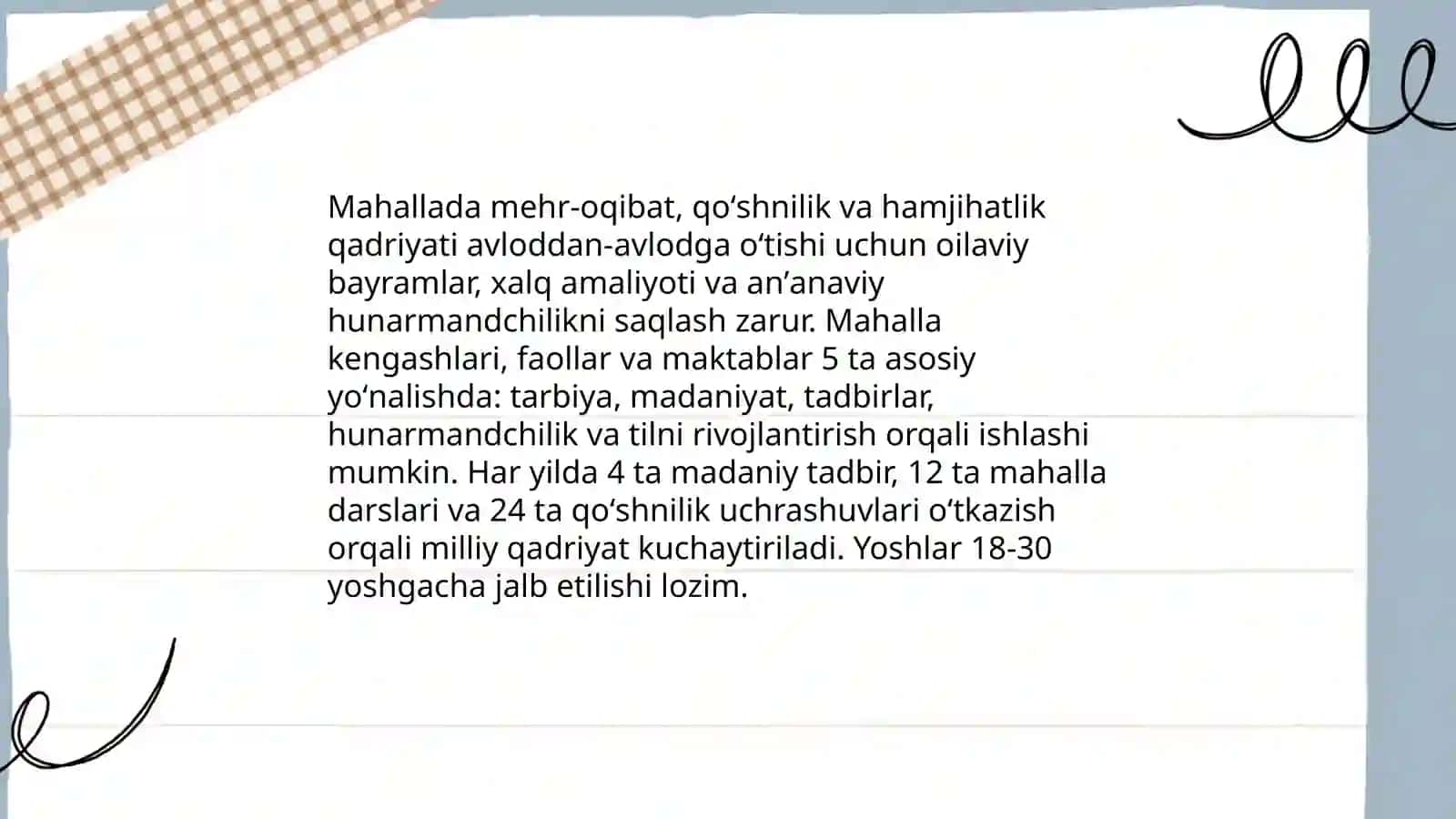 Mahalla sogʻlom milliy ijtimoiy muhit maskani ekanligi borasida ijtimoiy rolik tayyorlang 4