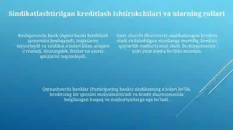 Sindikatli kreditlash xususiyatlari va uni mamlakatimizda qo'llash imkoniyatlari 4