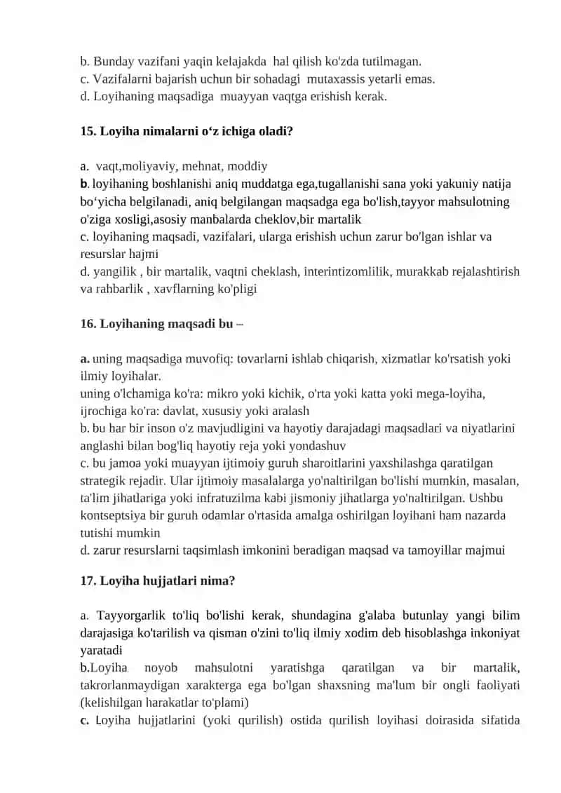 Akademik yozuv fanidan "LOYIHA. Loyiha tavsifi" mavzusida test savollari (javoblari bilan) 4