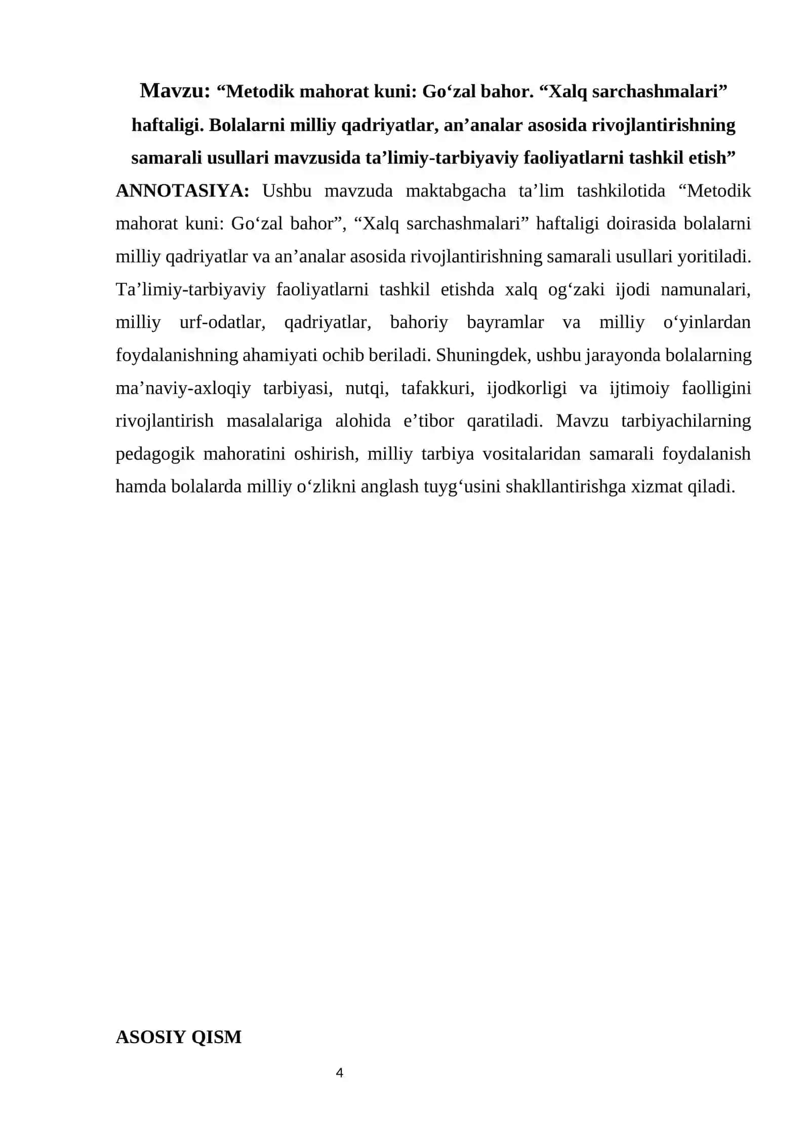 Bolalarni milliy qadriyatlar, an'analar asosida rivojlantirishning samarali usullari mavzusida ta'limiy-tarbiyaviy faoliyatlarni tashkil etish 4