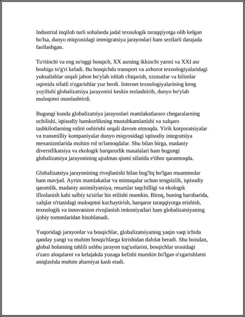 GLOBALLASHUV, GLOBALIZM VA BARQAROR USTIVOR YO'NALISHLARI REFERAT 4