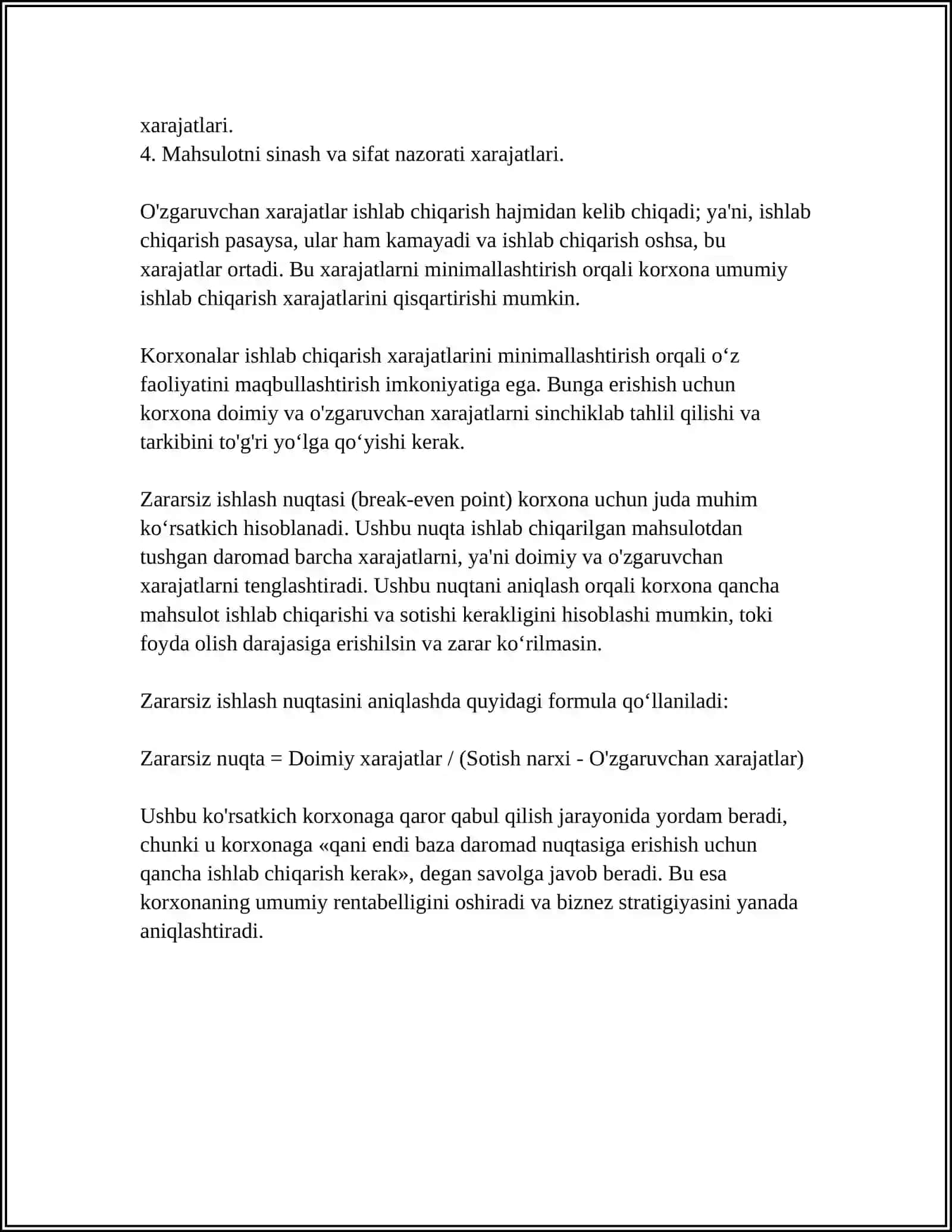 ISHLAB CHIQARISH XARAJATLARINI MINIMALLASHTIRISH SHARTLARI VA KORXONANING ZARARSIZ ISHLASH NUQTASINI HISOBLASH YOʼLLARI 4