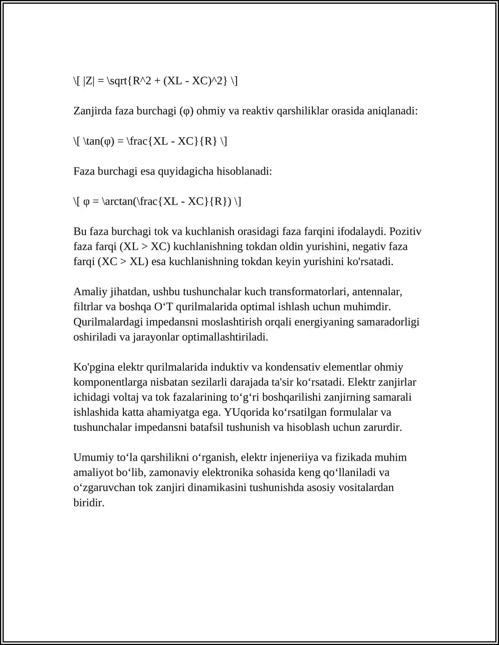 OʻZGARUVCHAN TOK ZANJIRIDA TOʻLA QARSHILIKNI (IMPEDANSNI) TURLI OʻZARO ULASH HOLLARIDA HISOBLASH IFODALARINI KELTIRIB CHIQARISH 4