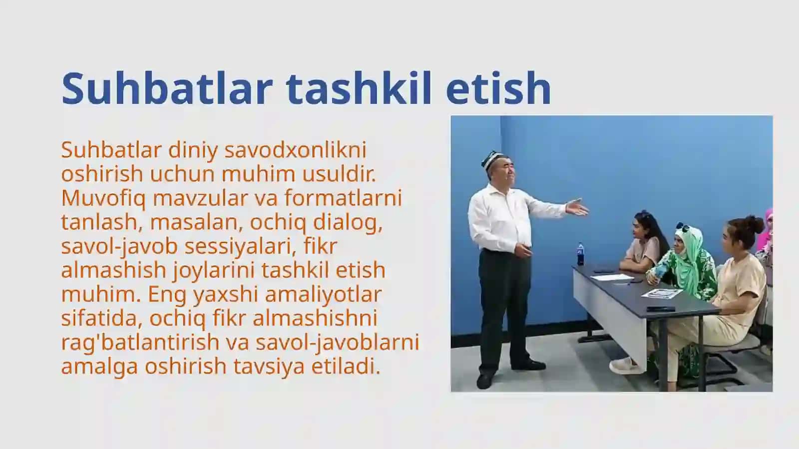 Talabalar bilan diyniysavodxonlik bo'yicha suhbatlar, zakovat o'yinlari va boshqamanfiyat adbirlar tashkilotish 4