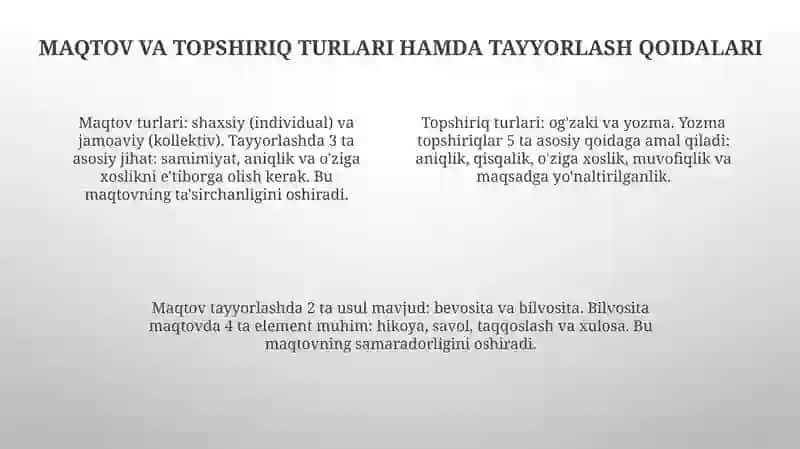 Madaniy nutqning grammatik va uslubiy me'yorlari bo'yicha madhq va topshiriqlar tayyorlash 4