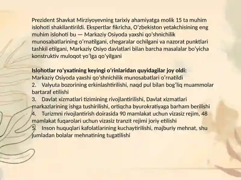 Yangi O‘zbekistonda Prezident Sh.M.Mirziyoyev Rahbarligi va Tashabbusi Ostida Amalga Oshirilayotgan Ishlohlar 4