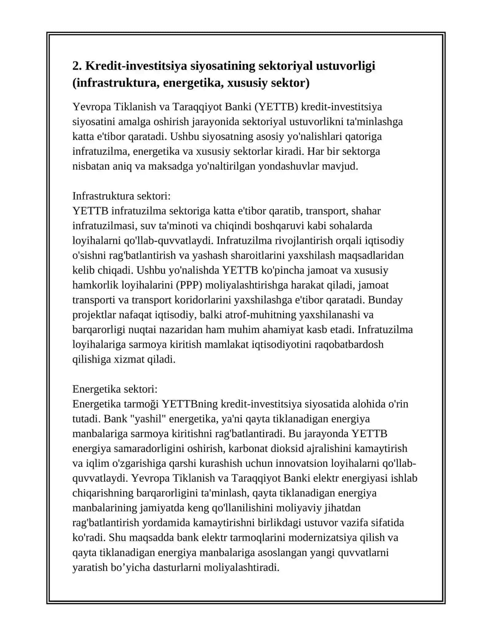 Yevropa Tiklanish va Taraqqiyot Bankining Kredit-Investitsiya Siyosati 4