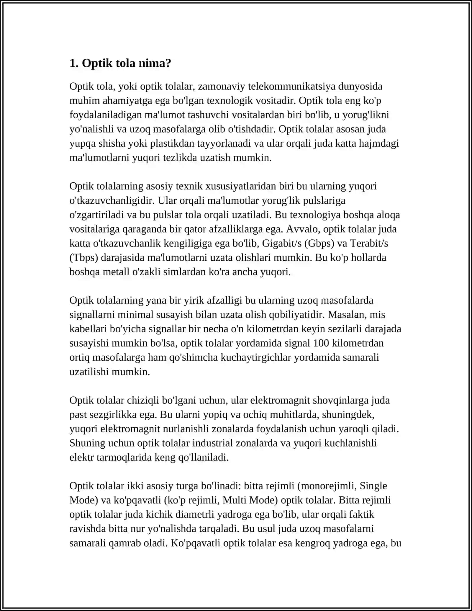 OPTIK TOLA VA KABELLAR, ULARNING TURLARI, TAVSIF VA PARAMETRLARI 4