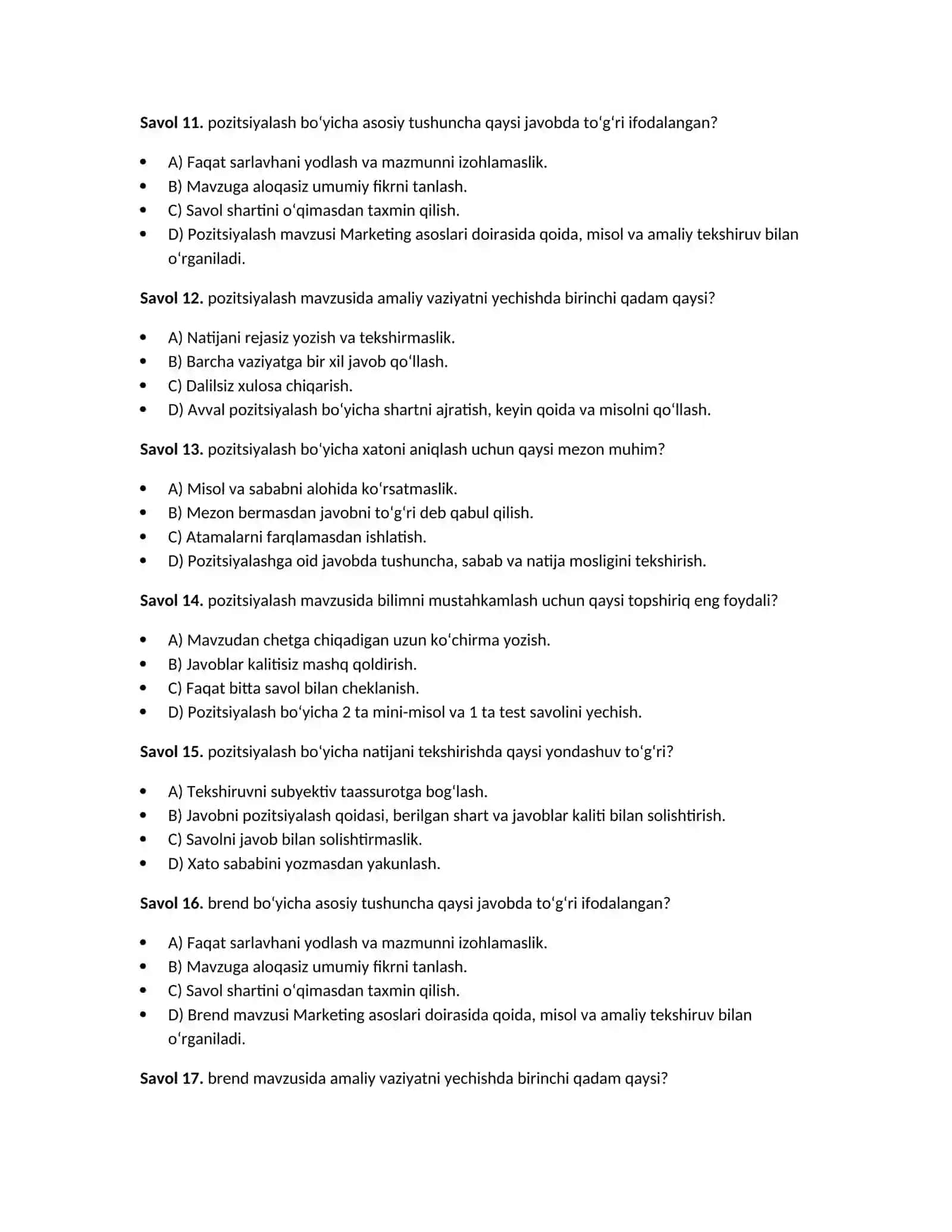 Marketing asoslari — 100 test javoblari bilan 4
