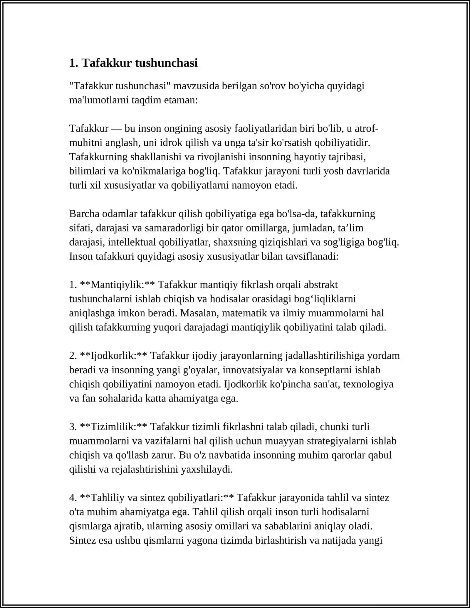 MUSTAQIL ISH Mavzu: TAFAKKUR 4