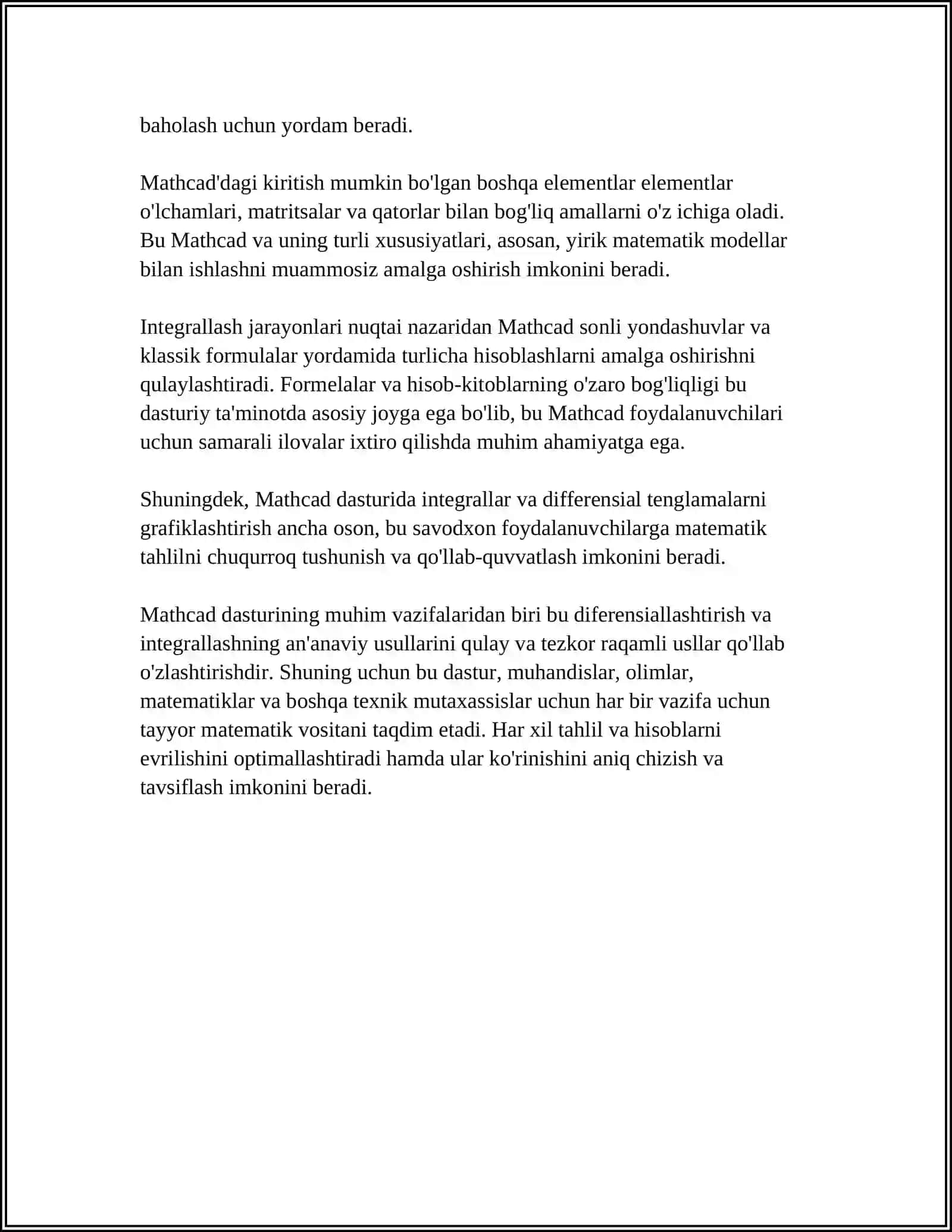 DIFERINSIYALASH INTEGRALLASH QATORLARI (MATHCAD DASTURIDA) 4