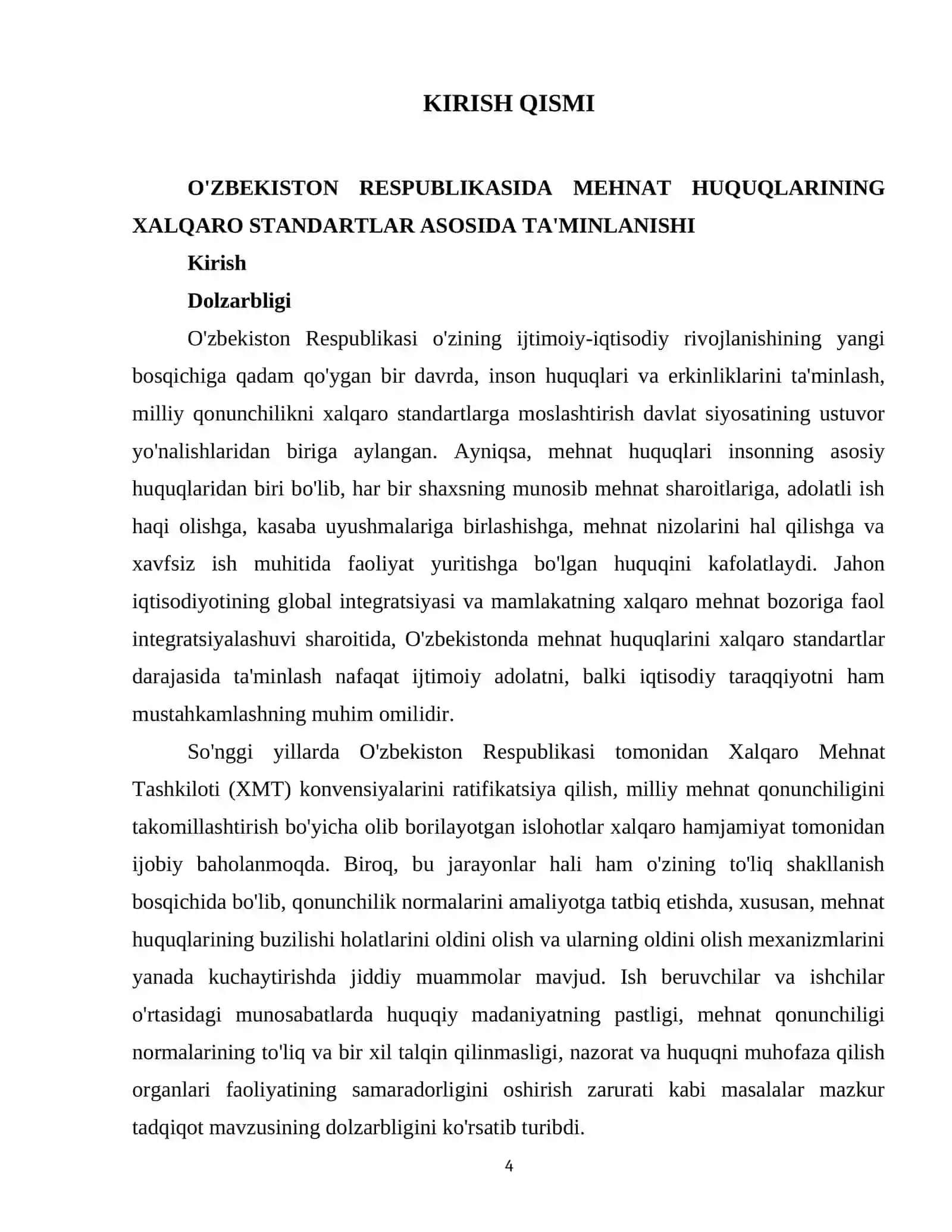 O'zbekiston Respublikasida mehnat huquqlarining xalqaro standartlar asosida ta'minlanishi 4