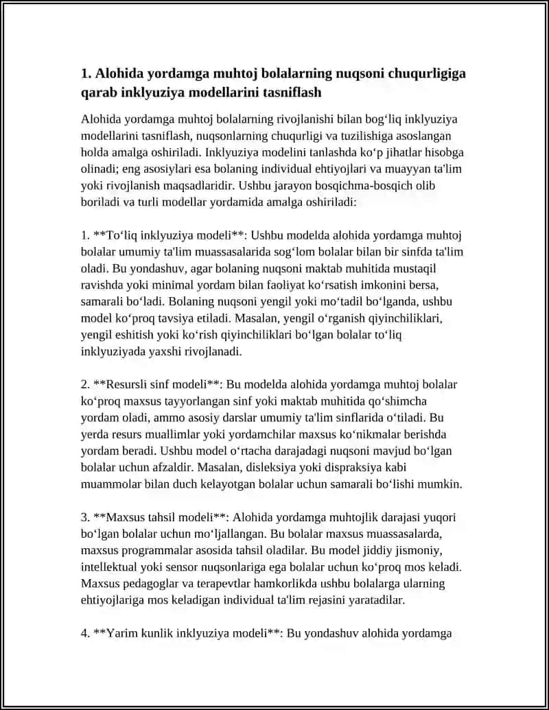 ALOHIDA YORDAMGA MUHTOJ BOLALARDA RIVOJLANISHNING NUQSONINING CHUQURLIGI VA TUZULISHIGA QARAB INKLYUZIYA MODELLARINI TANLASH 4