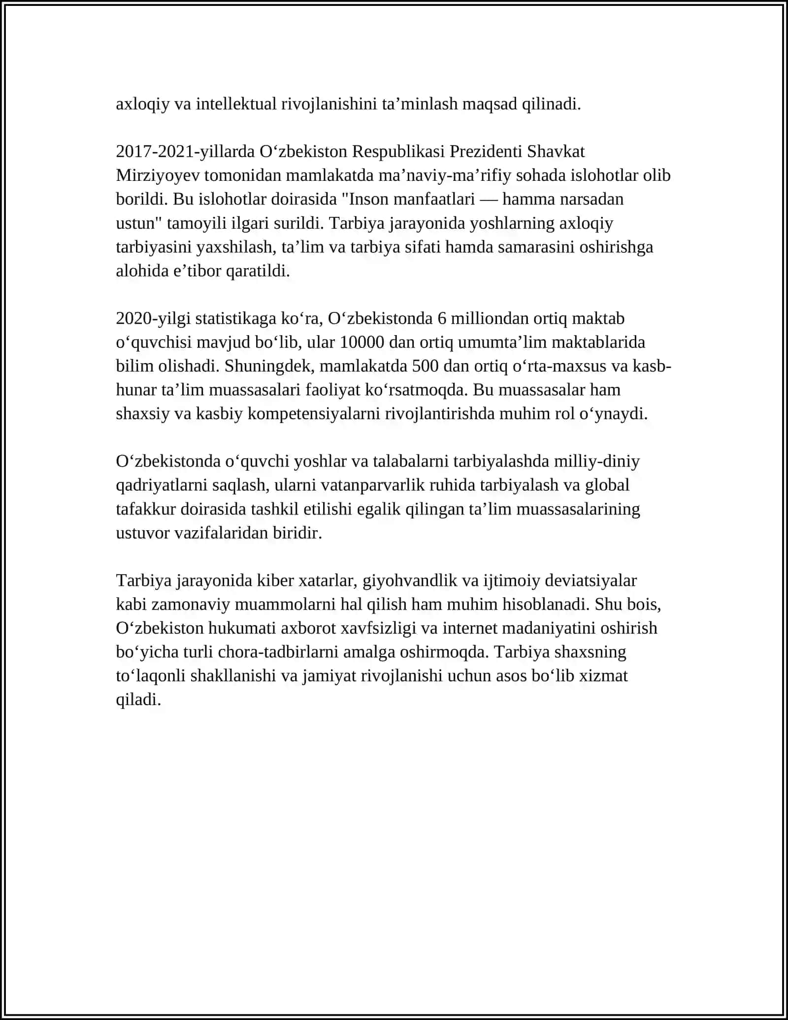 MUSTAQIL ISH Mavzu: OILADA TARBIYA ASOSLARI 4