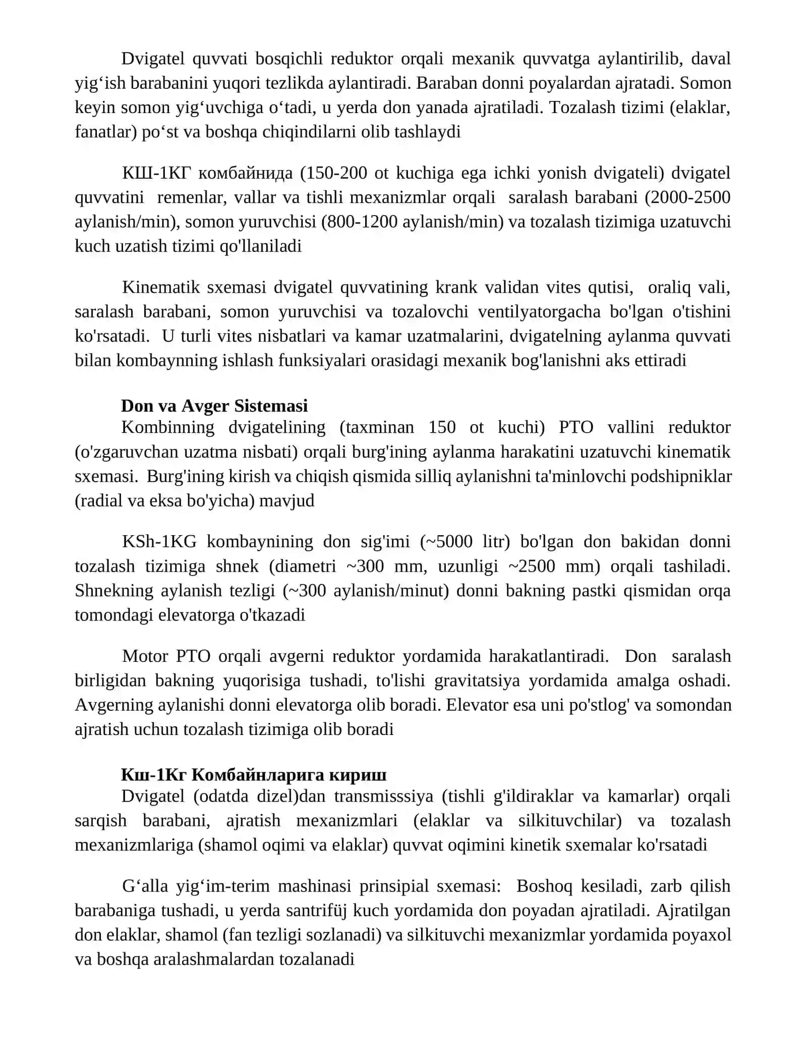 КШ-1КГ kombayini kinematik sxemasini chizish va ishlash pirinsipini o'rganish 4