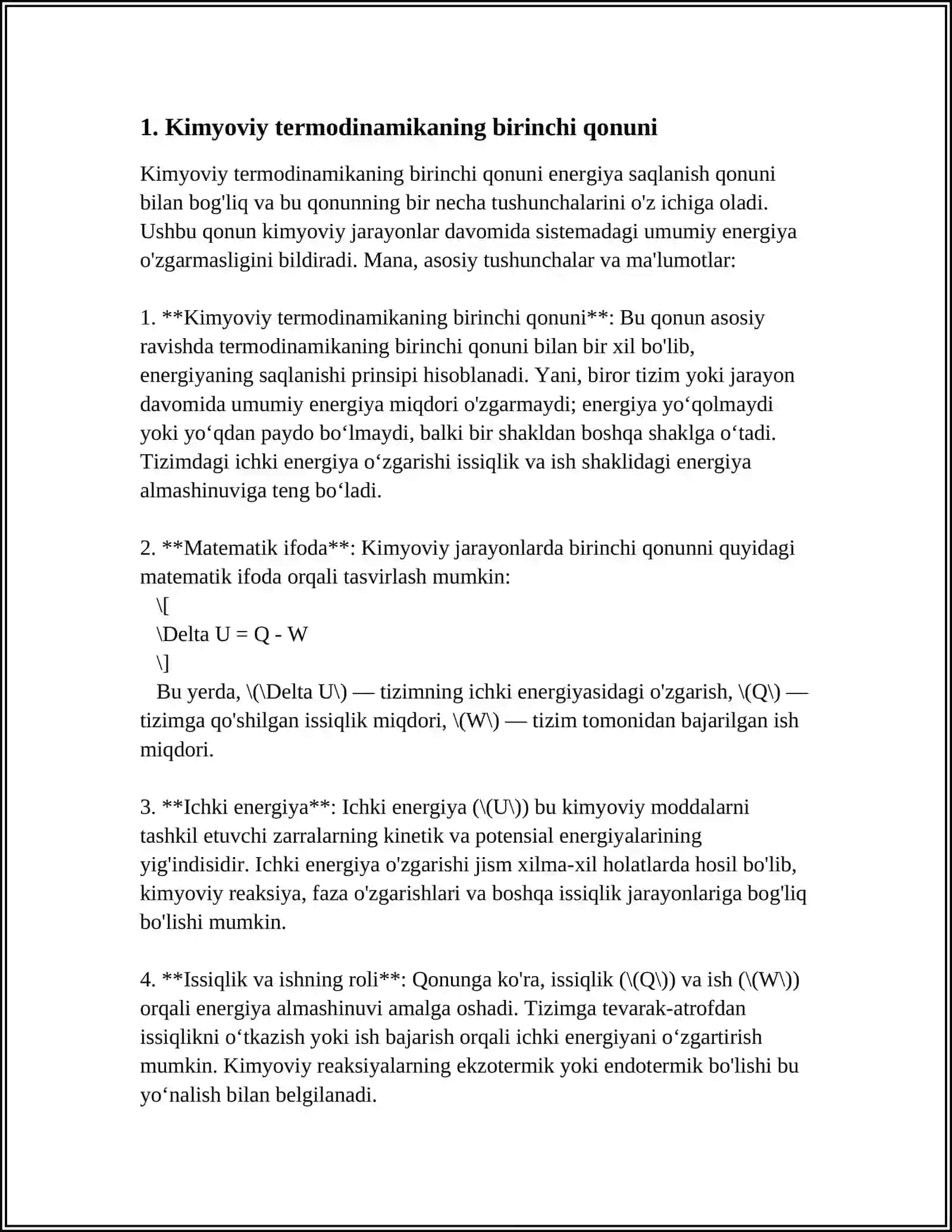 KIMYOVIY TERMODINAMIKANING BIRINCHI QONUNI VA UNING ANALITIK IFODASI. ICHKI ENERGIYA. ISSIQLIK VA ISH ENERGIYANI UZATISH SHAKLLARI EKANLIGI. ISHNING XILLARI. EKSTENSIVLIK VA INTENSIVLIK FAKTORLARI 4
