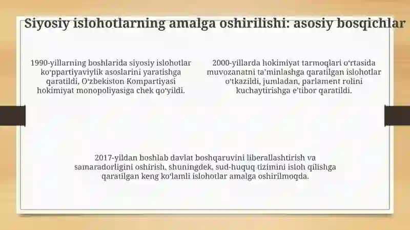Oʻzbekiston demokratik, jamiyati asoslarining shakllanishi, amalga oshirilgan siyosiy islohotlar 4