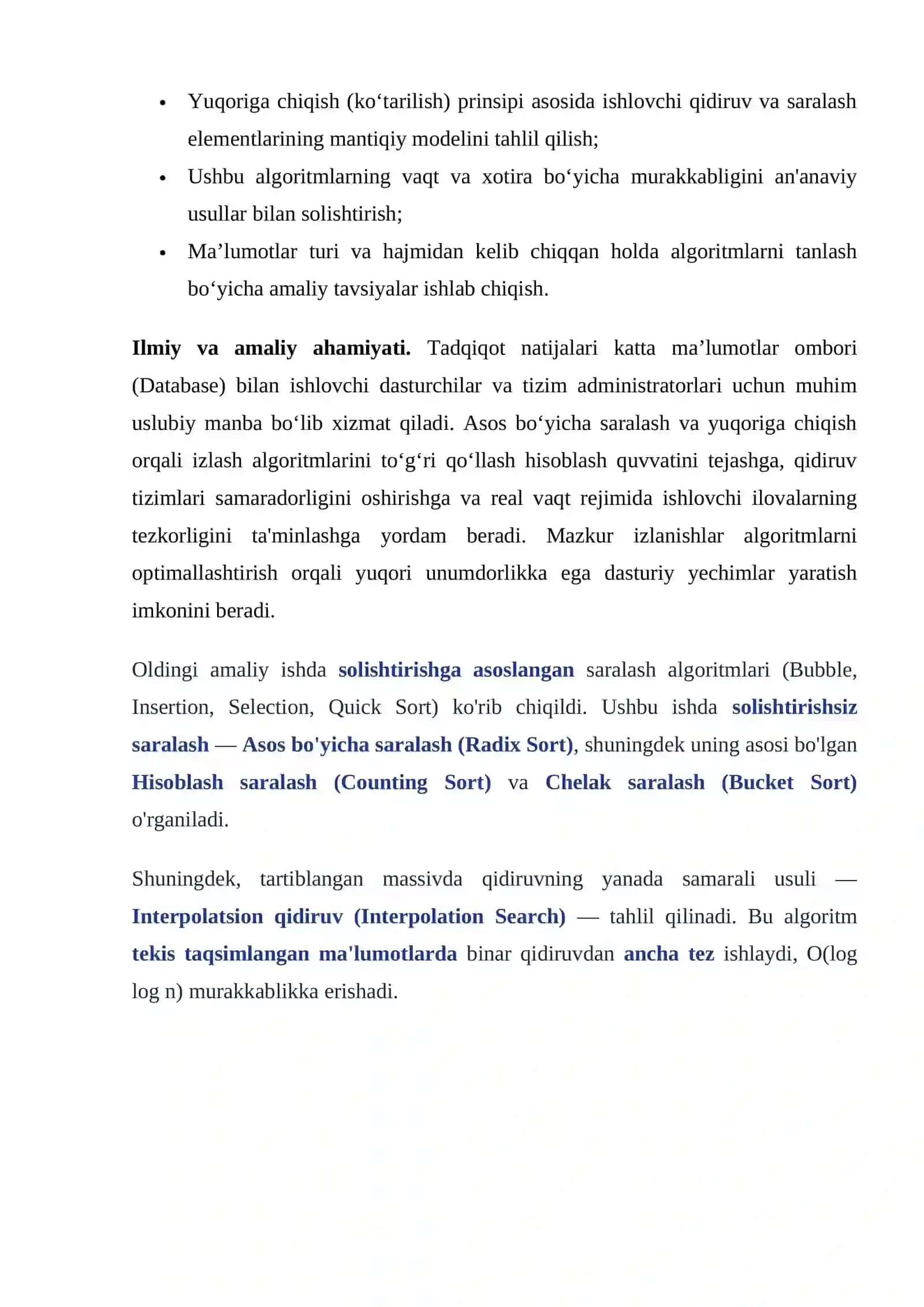 Saralash usullari. Asos bo‘yicha saralash.Yuqoriga chiqish orqali izlash algoritmi. 4