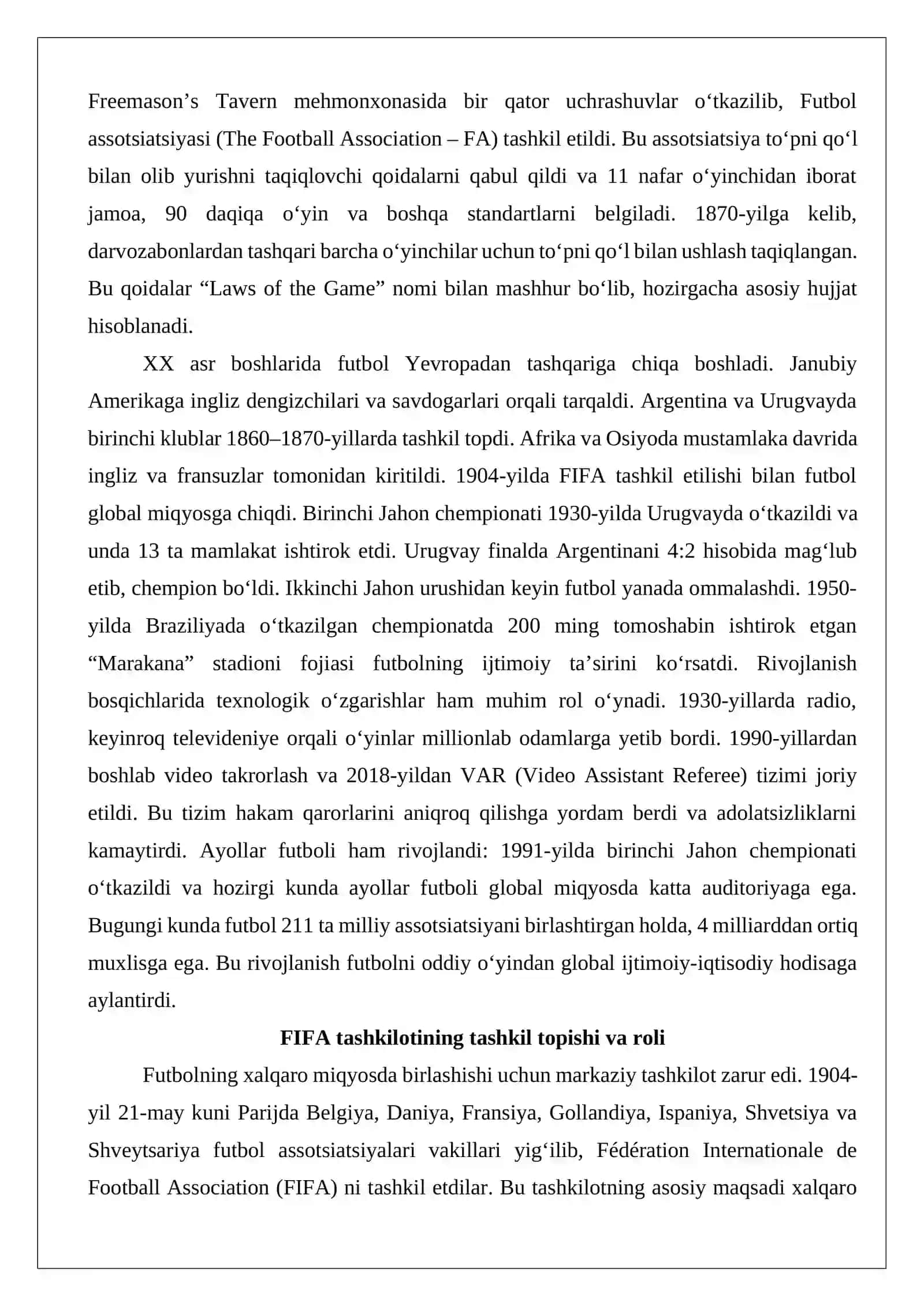 Futbol bo‘yicha jahon miqyosidagi musobaqalar o‘tkazilishi 4