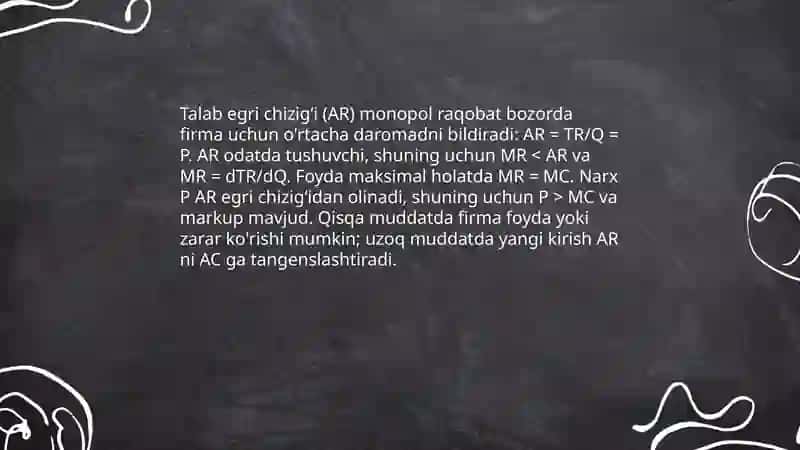 Raqobatlashgan monopol bozorda tovar narxi va ishlab chiqarish hajmini aniqlash 4