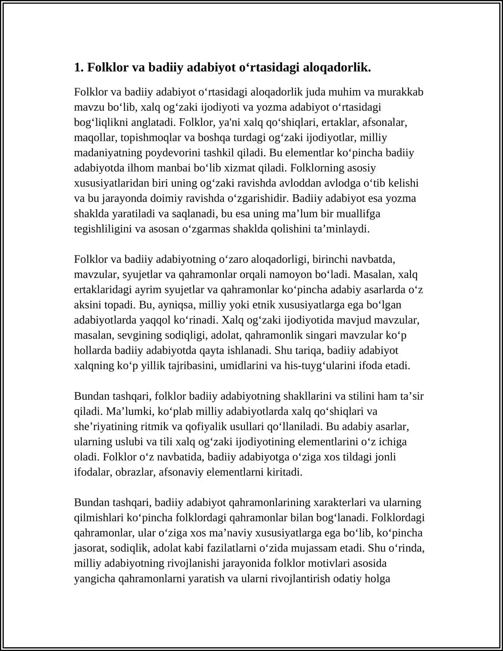 FOLKLOR VA BADIIY ADABIYOT MUNOSABATLARI. FOLKLORIZM TUSHUNCHASI. INDIVIDUAL IJODKORNING XALQ OG‘ZAKI IJODIDAN FOYDALANISH MAHORATI 4
