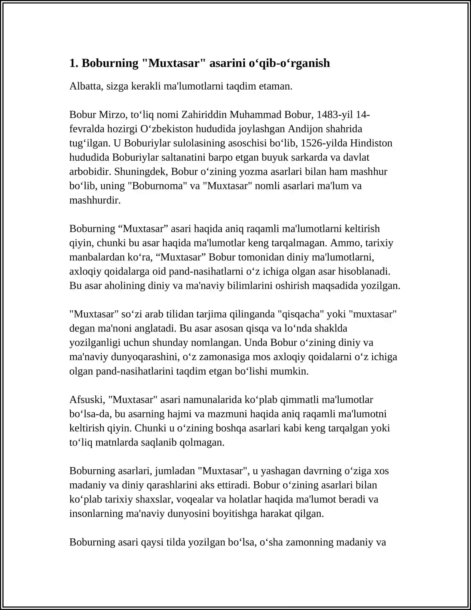 BOBURNING “MUXTASAR” ASARINI O‘QIB-O‘RGANISH; FITRATNING “ADABIYOT QOIDALARI”, “ARUZ HAQIDA” ASARINI O‘QIB-O‘RGANISH; H.BOLTABOYEV, M.MAHMUDOVNING “ADABIY-ESTETIK TAFAKKUR TARIXI” KITOBINI O‘QIB-O‘RGANISH; YO.IS’HOQOVNING “SO‘Z SAN’ATI SO‘ZLIGI” KITOBINI O‘QIB-O‘RGANISH; “SHARQ MUMTOZ POETIKASI: MANBA VA TALQINLAR” O‘QUV QO‘LLANMASINI O‘QIB-O‘RGANISH 4