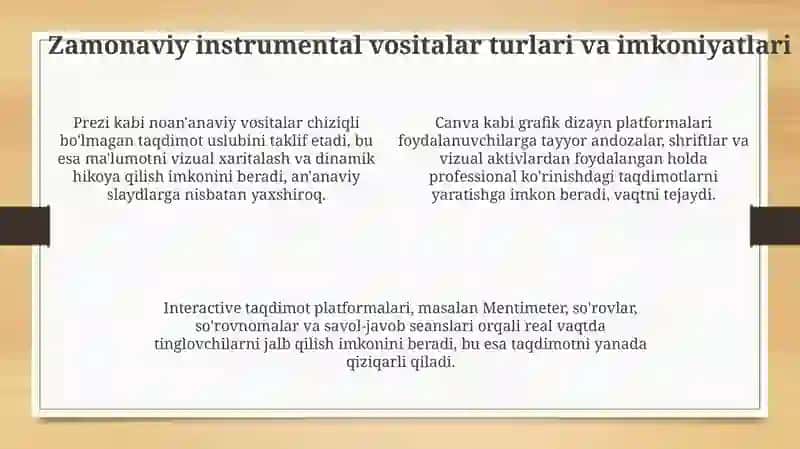 Taqdimotlarniishlabchiqishningzamonaviyinstrumentalvositalari 4