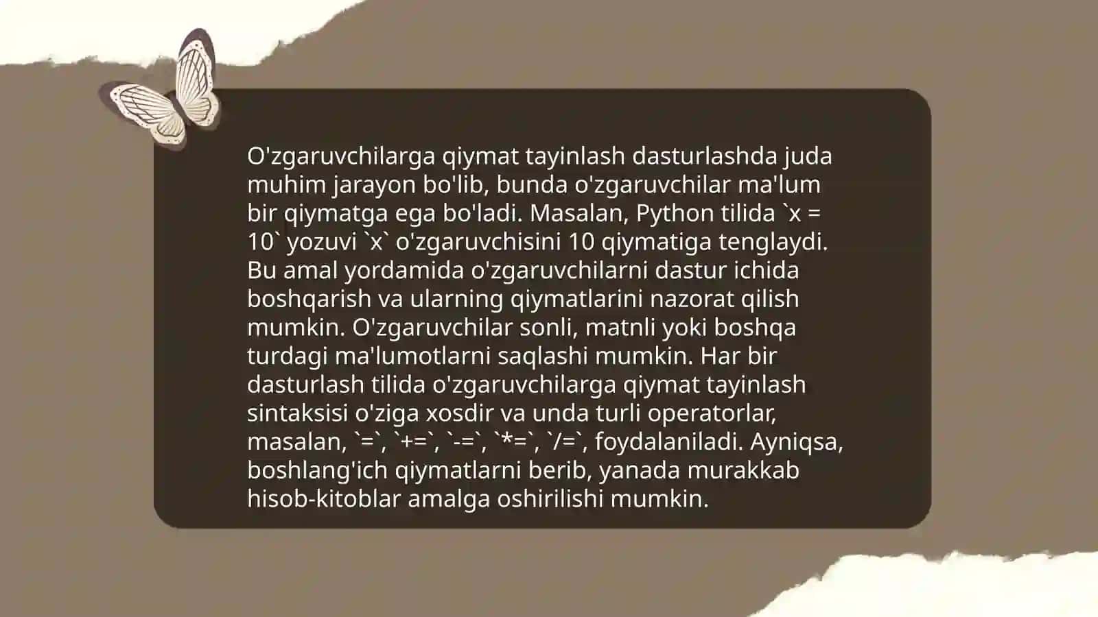 O'zgaruvchilarni e'lon qilish qiymatlarni belgilash 4