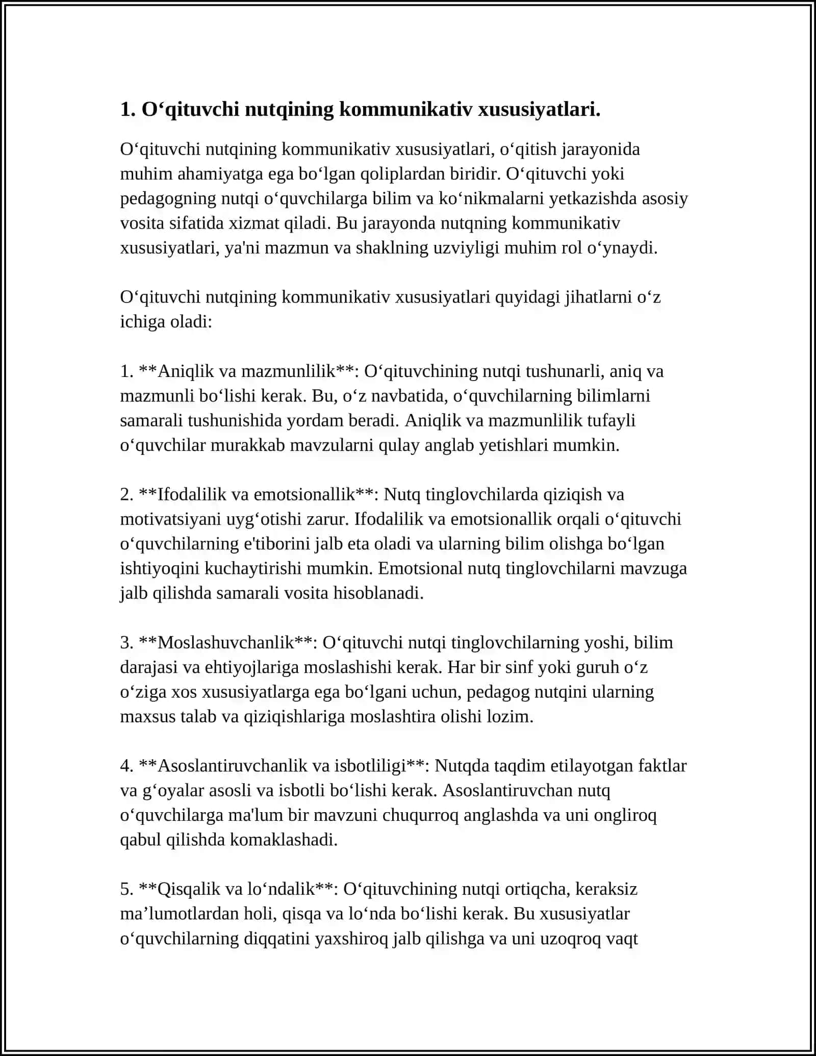 OQITUVCHI NUTQINING KOMMUNIKATIV XUSUSIYATLARI.PEDAGOGIK NUTQNING O'ZIGA XOSLIKLARI. NUTQ TURLARI VA KORINISHLARI.NUTQNING TOĢRILIGI, ANIQLIGI, TOZALIGI, MANTIAIYLIGI,TA'SIRCHANLIGI, MAQSADGA MUVOFIQLIGI 4