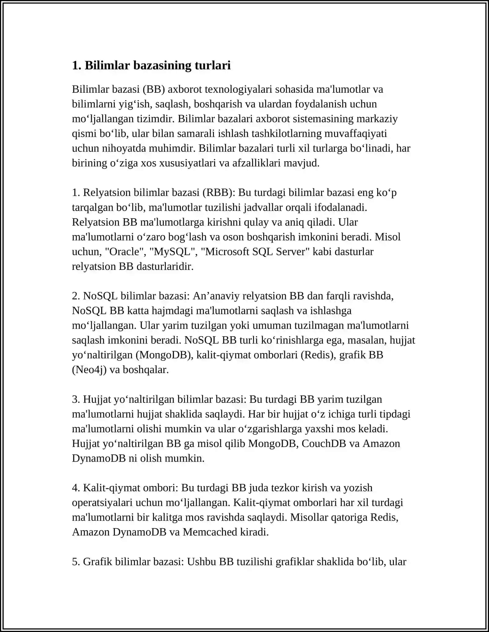 BILIMLAR BAZASI VA BILIMLARNI NAMOYISH QILISH MODELLARI TAHLILI. EKSPERT TIZIMLARINING TIBBIYOT SOHASIDA QO‘LLASH DASTURIY ALGORITMINI ISHLAB CHIQISH 4