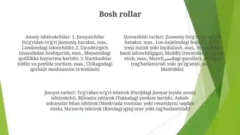Jinoyatda ishtirokchilik turlari va shakllari 4