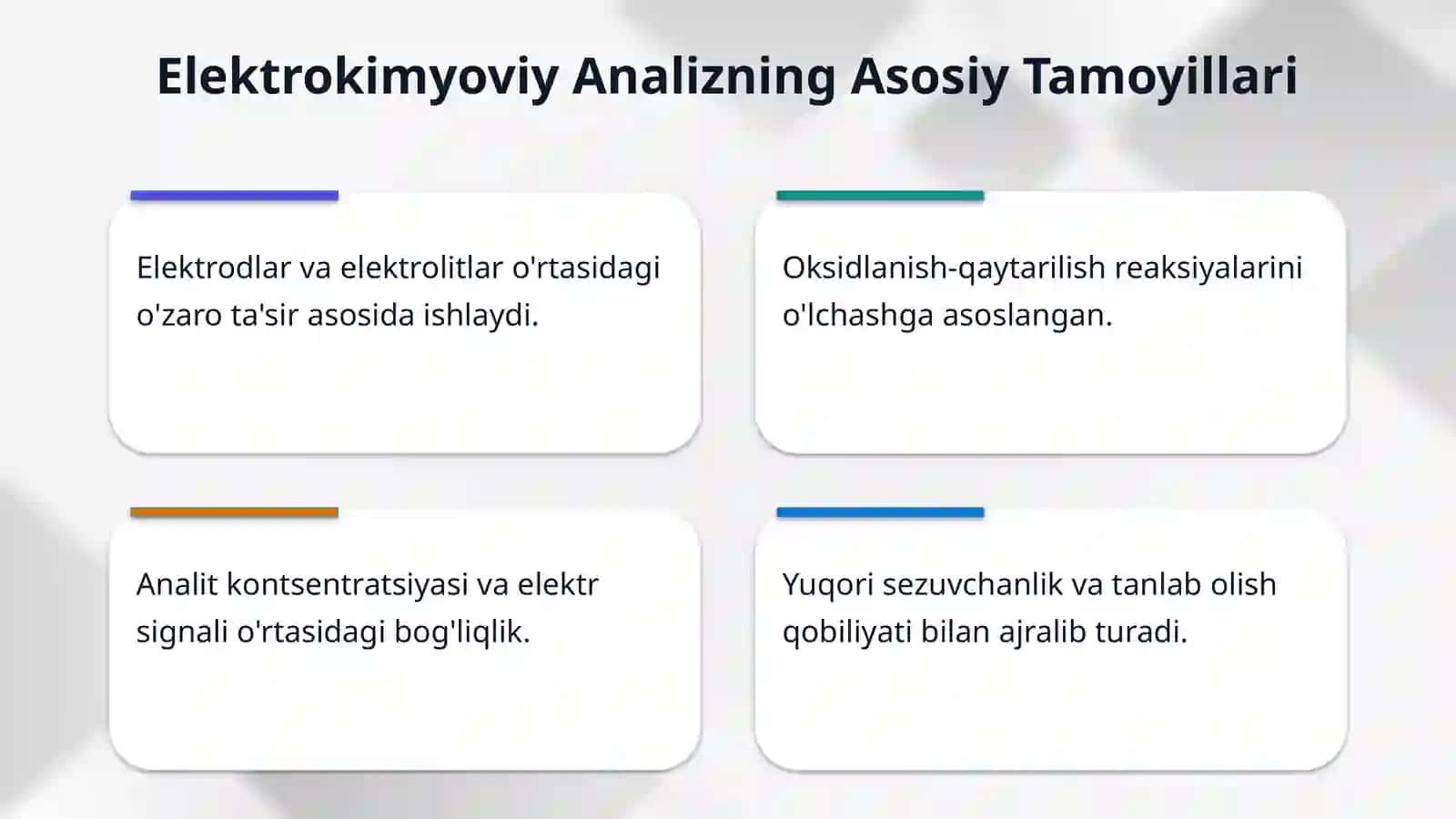 Elektrokimyoviy analiz usullari (voltametriya, galvanostatik, kulonometriya, polyarografik, analiz usuli, differensial titrlash, differensial polyarografiya) 4