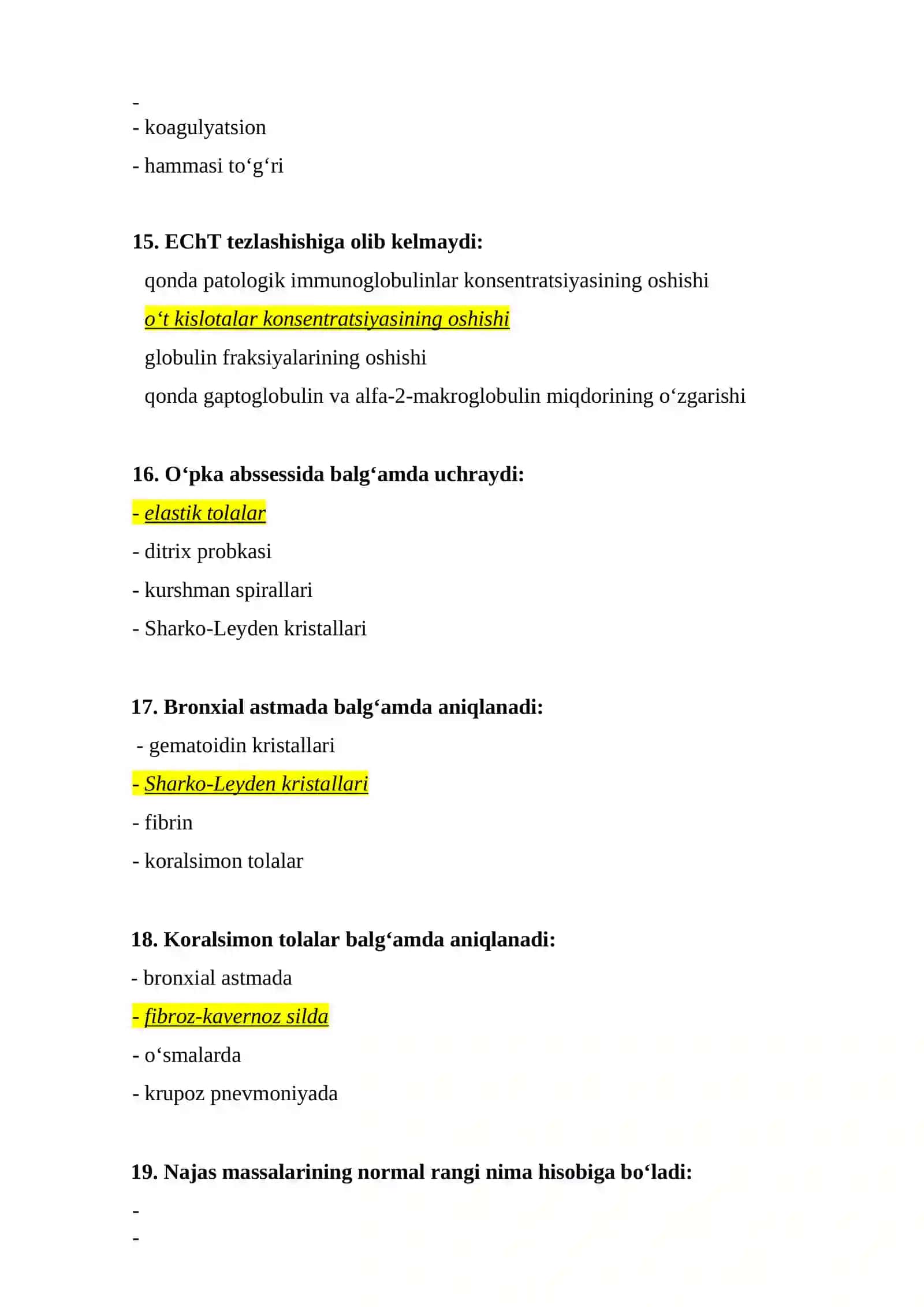Klinik laboratoriya diagnostikasi mutaxasisiligi bo’yicha test savol javoblari bilan 4