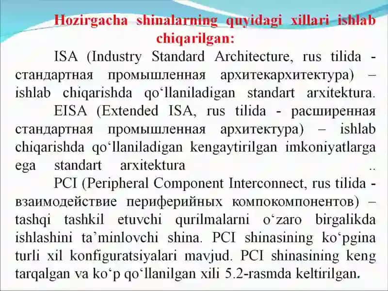 Kompyuter shenalari va ularning ishlash tamoyillari. PCI. PCI Express va UZB shinalari 4