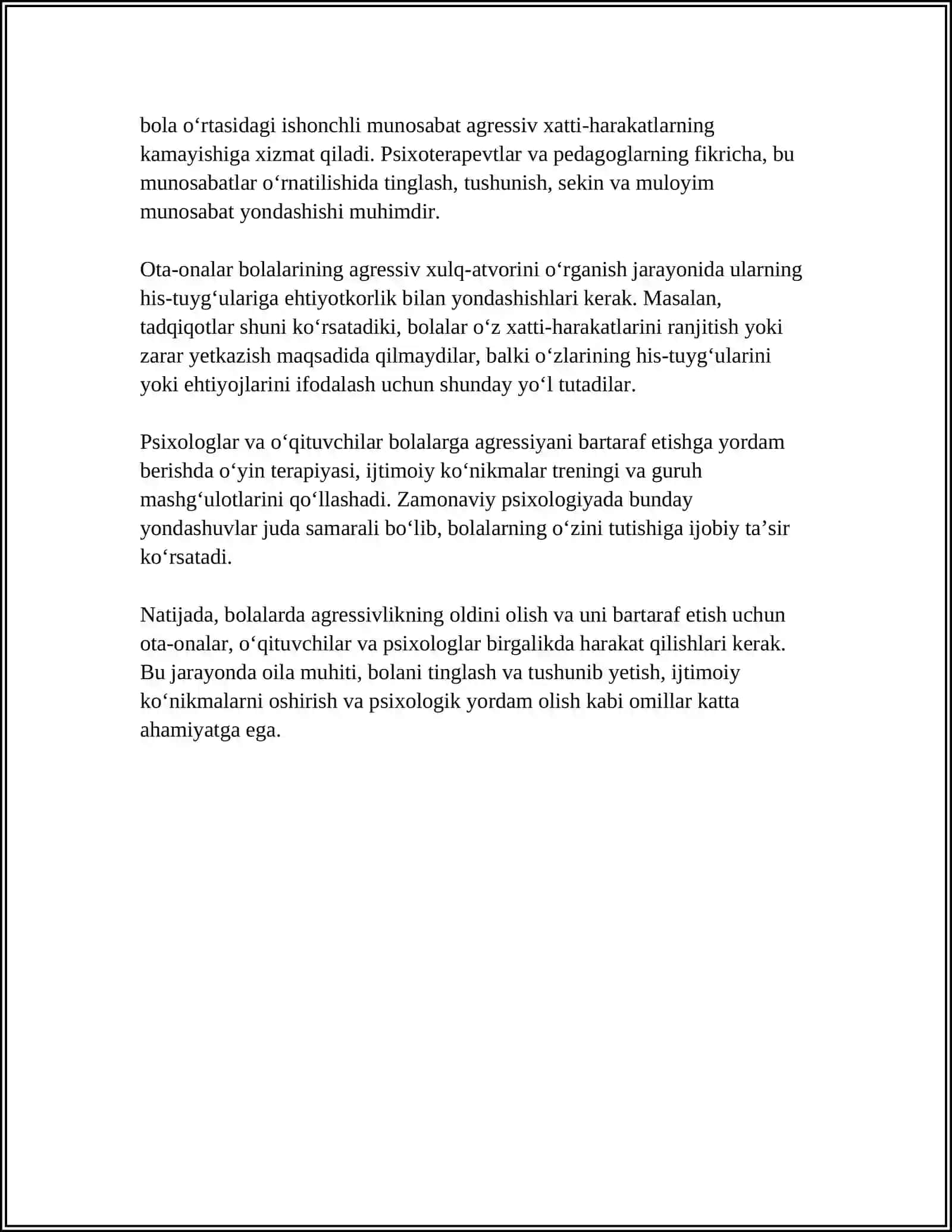 AGRESSIV BOLALAR BILAN OLIB BORILADIGAN PSIXOKORREKSION ISHLARNING OʻZIGA XOSLIGI 4