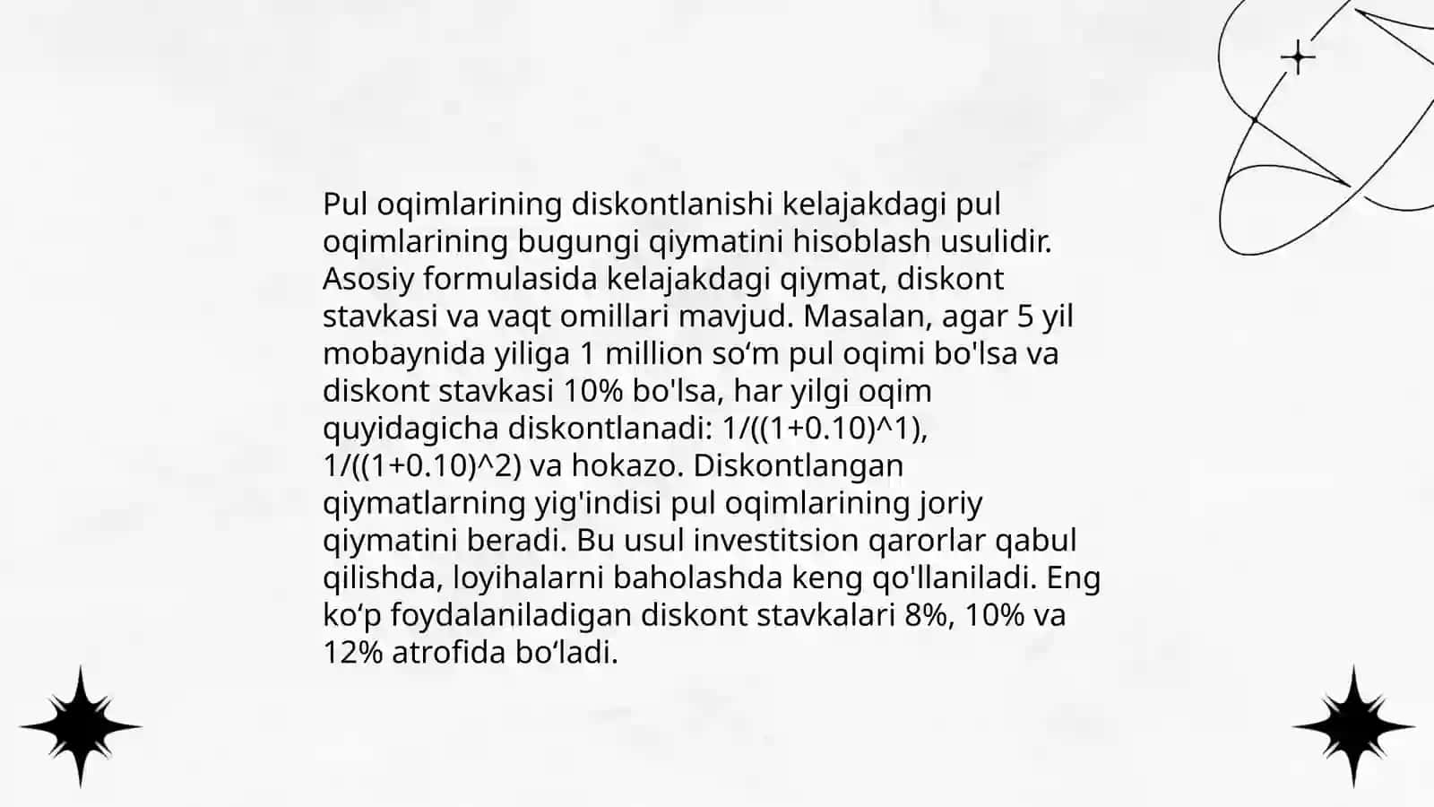 Invistitsion loyhalarning samaradorligining baxolashning diskont usullari 4