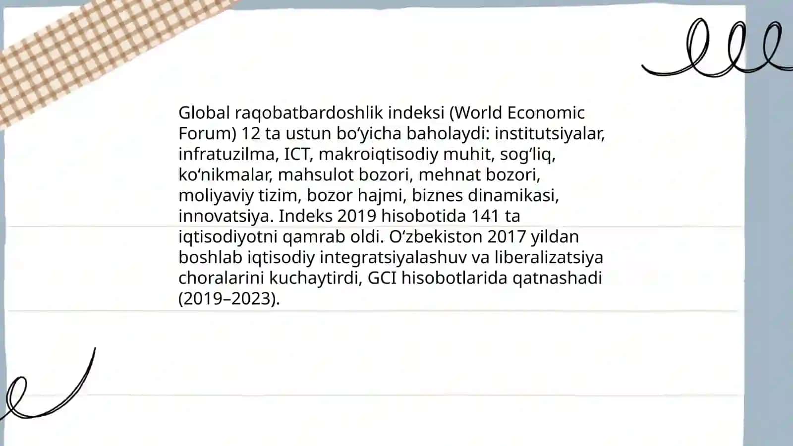 Reja: Biznes yuritish sharoitlari va xalqaro biznes‑reforma reytinglari (World Bank) va O'zbekistonning integratsiyalashuvi 4