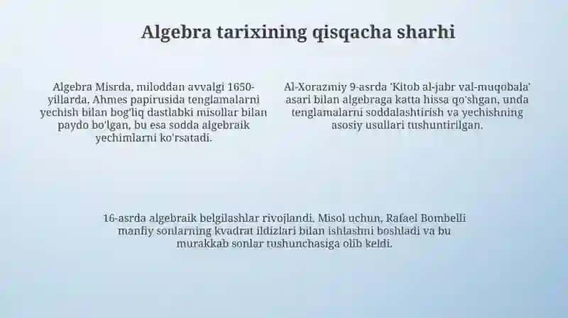 Umumtaʼlim maktablarida 7-9sinflarda Algebra fanidan tarixiy maʼlumotlardan foydalanish 4