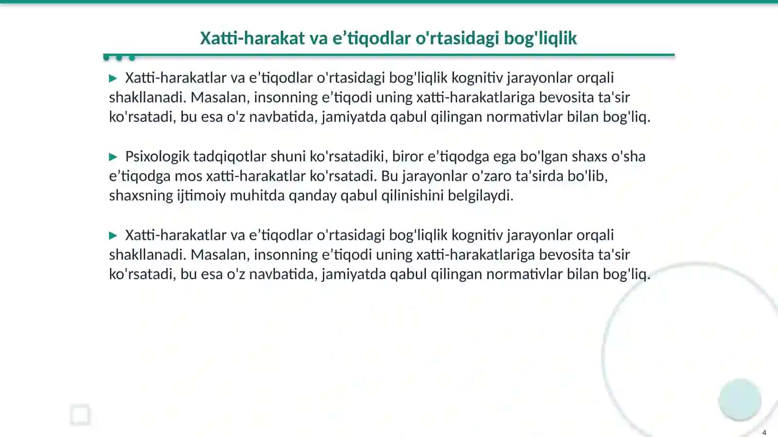 Kognitiv jarayonlarda shaxsning xatti-harakati va e’tiqodlari o‘zgarishi tahlili 4