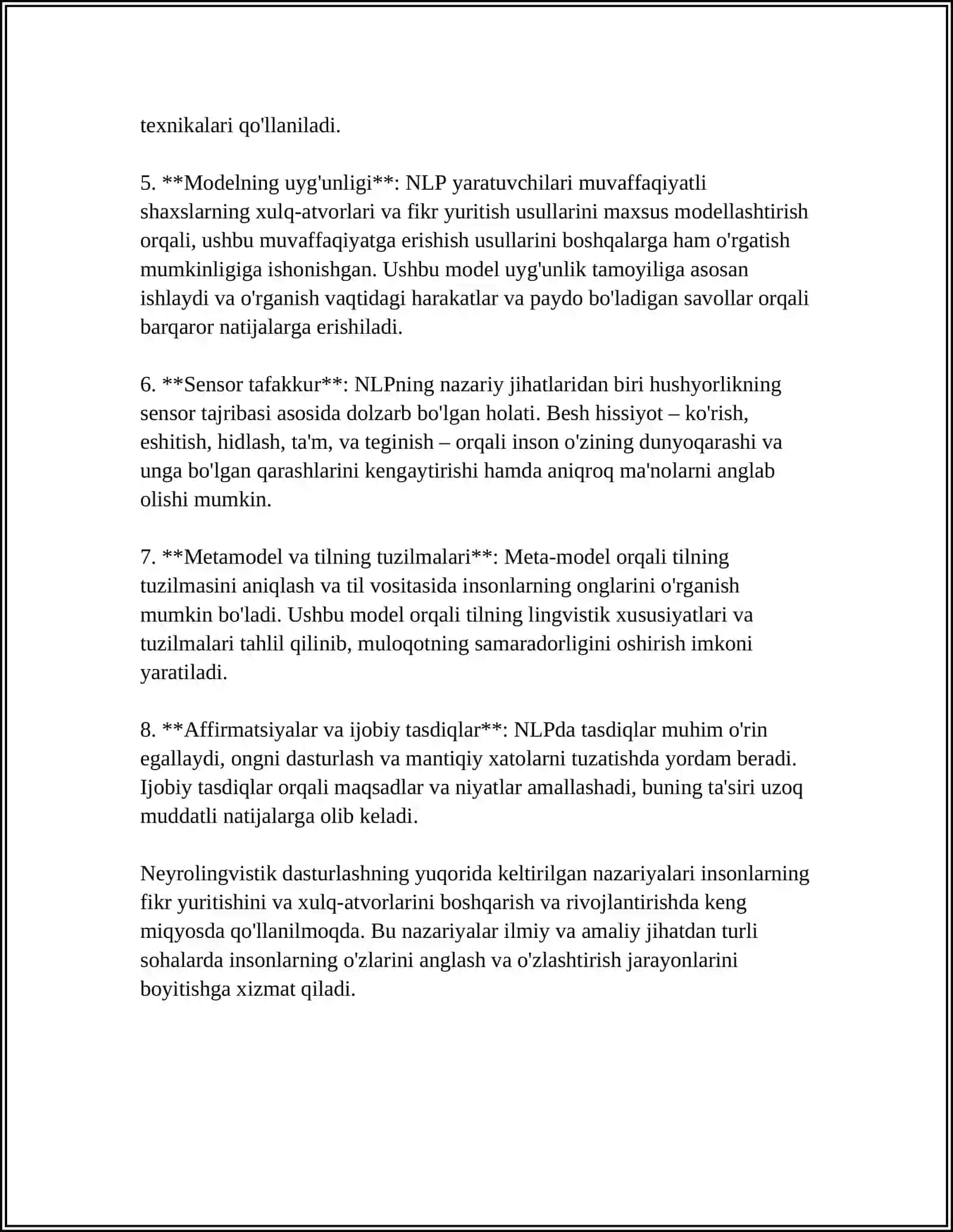MUSTAQIL ISH Mavzu: NEYROLINGVISTIK DASTURLASH TEXNOLOGIYASI 4