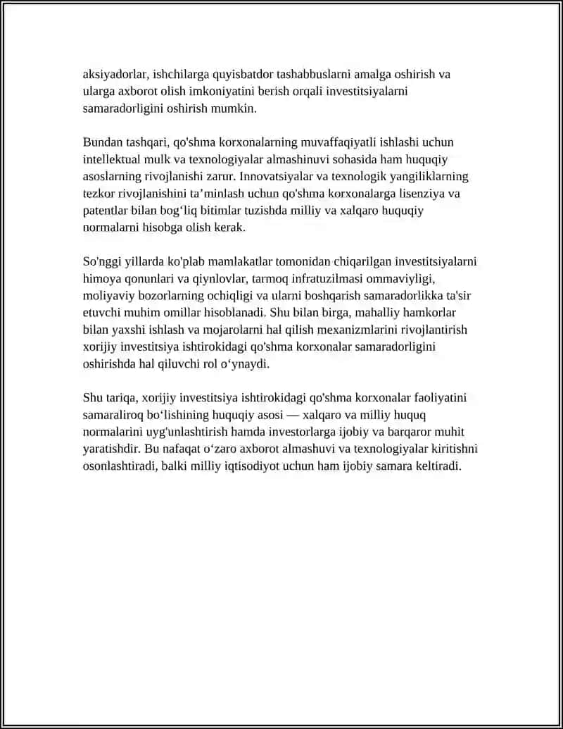 XORIJIY INVESTISIYA ISHTIROKIDAGI QO'SHMA KORXONALAR FAOLIYATI SAMARADORLIGINI TA'MINLASH 4