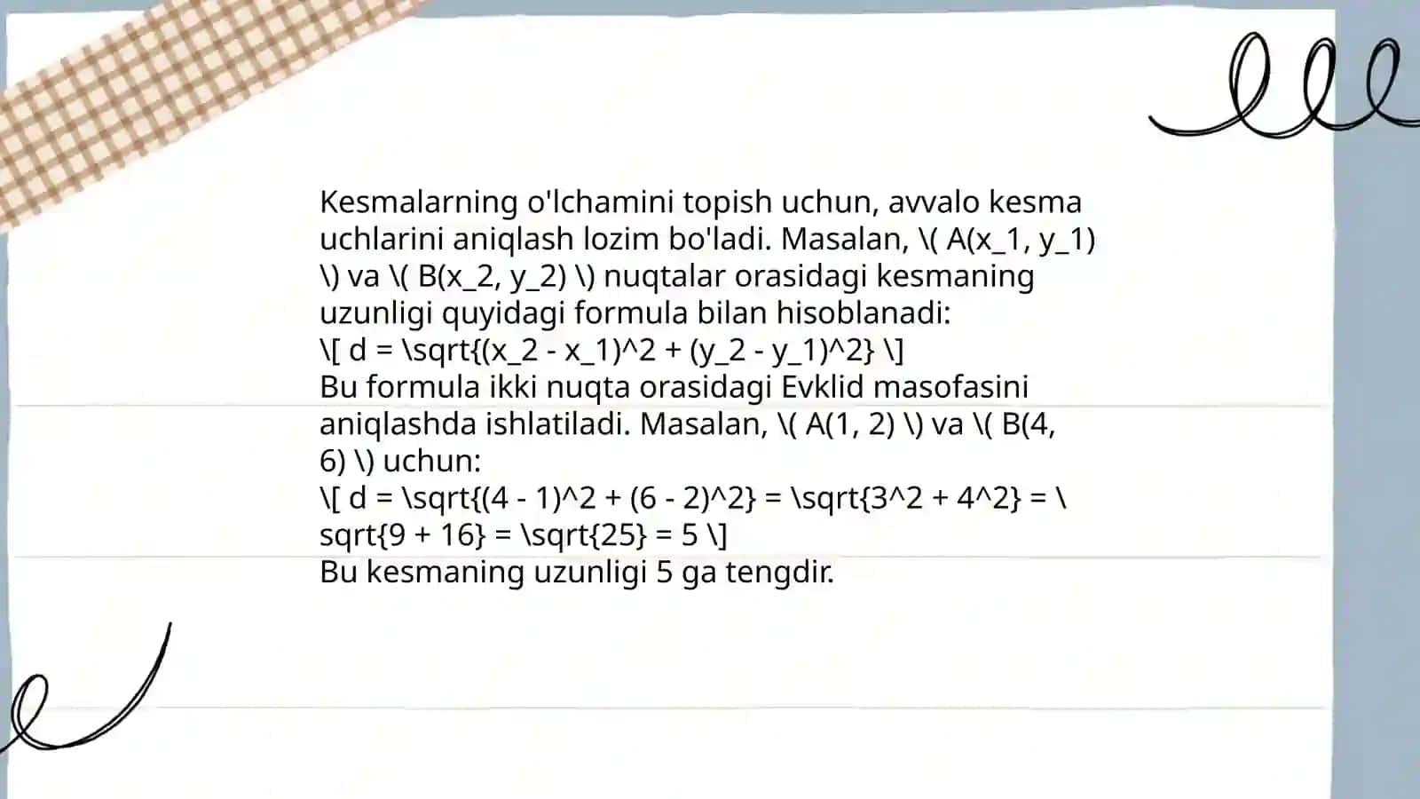 Kesmalarning o'lchami sifatida qaralgan sonlar ustida arifmetik amallar tarifi va amallar bajarish xossalari 4