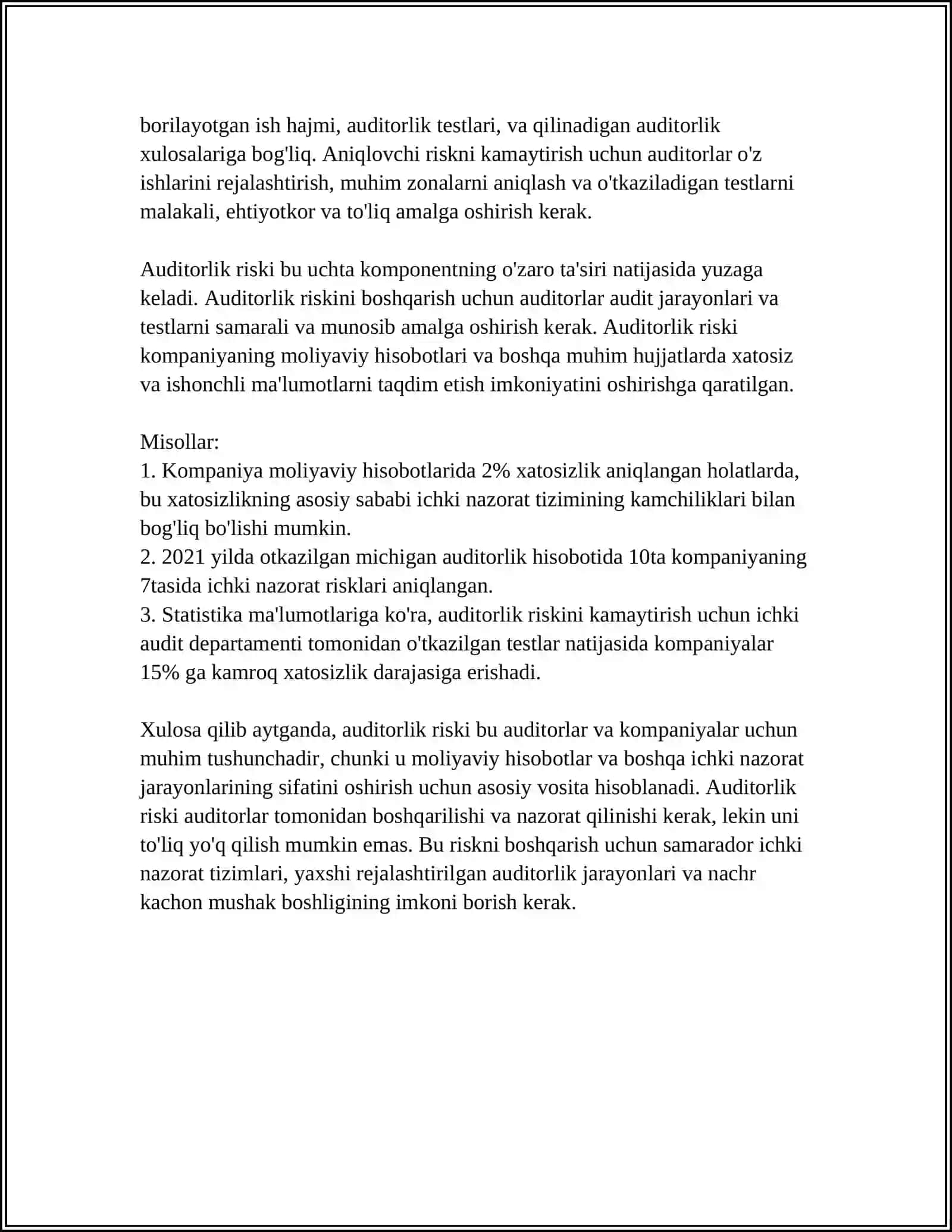 AUDITORLIK RISKI TUSHUNCHASI VA UNING MAQBUL TO`PLAMINI BAXOLASH 4