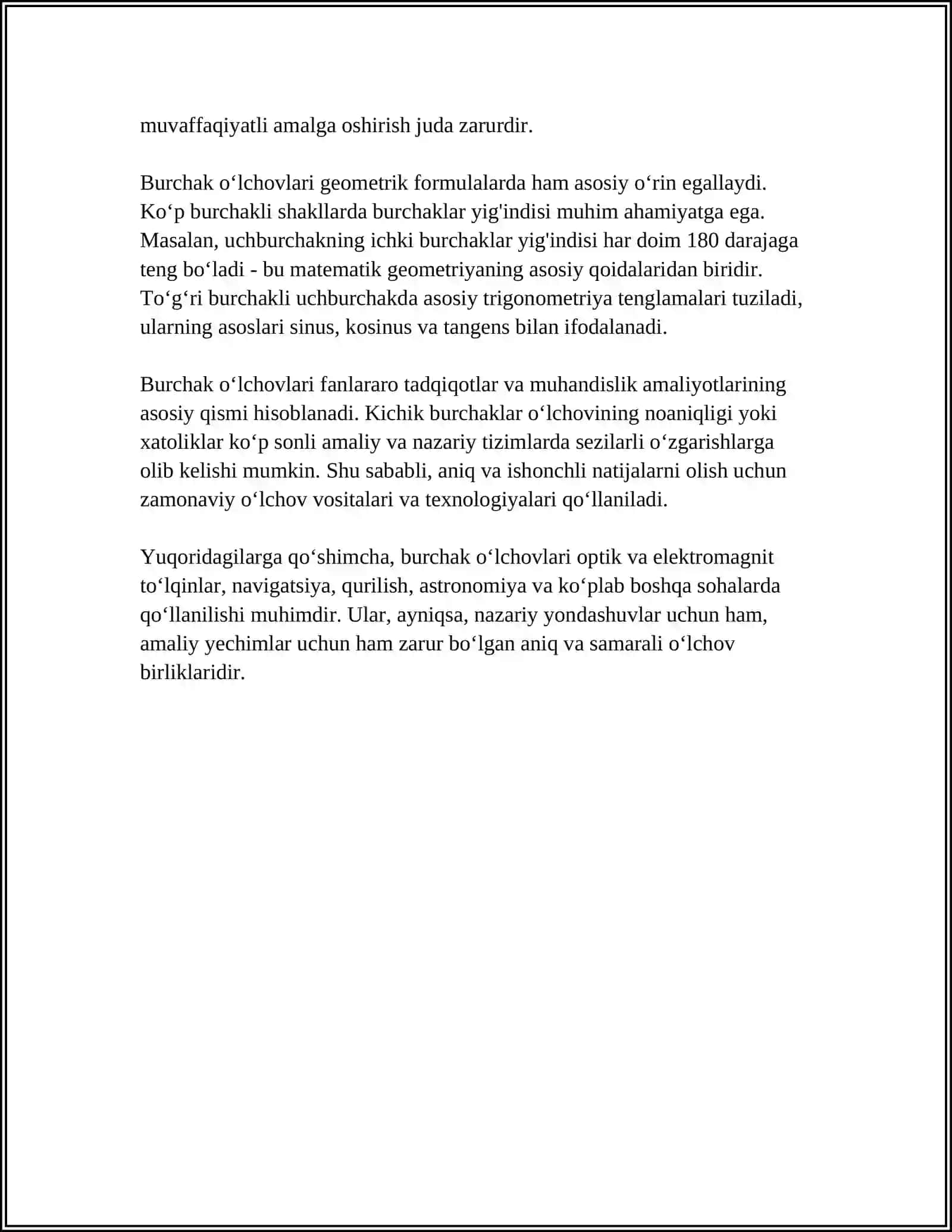 BURCHAK O‘LCHOVLARI TURLARINI O‘RGANISH VA HAR BIR O‘LCHOV TURINING QO‘LLANISH SOHASINI ANIQLASH 4