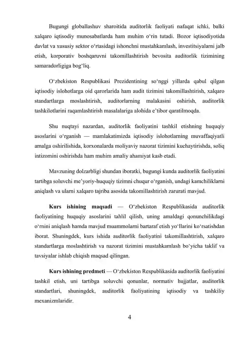 O‘zbekiston Respublikasida auditorlik faoliyatini tashkil etishning huquqiy asoslari 4