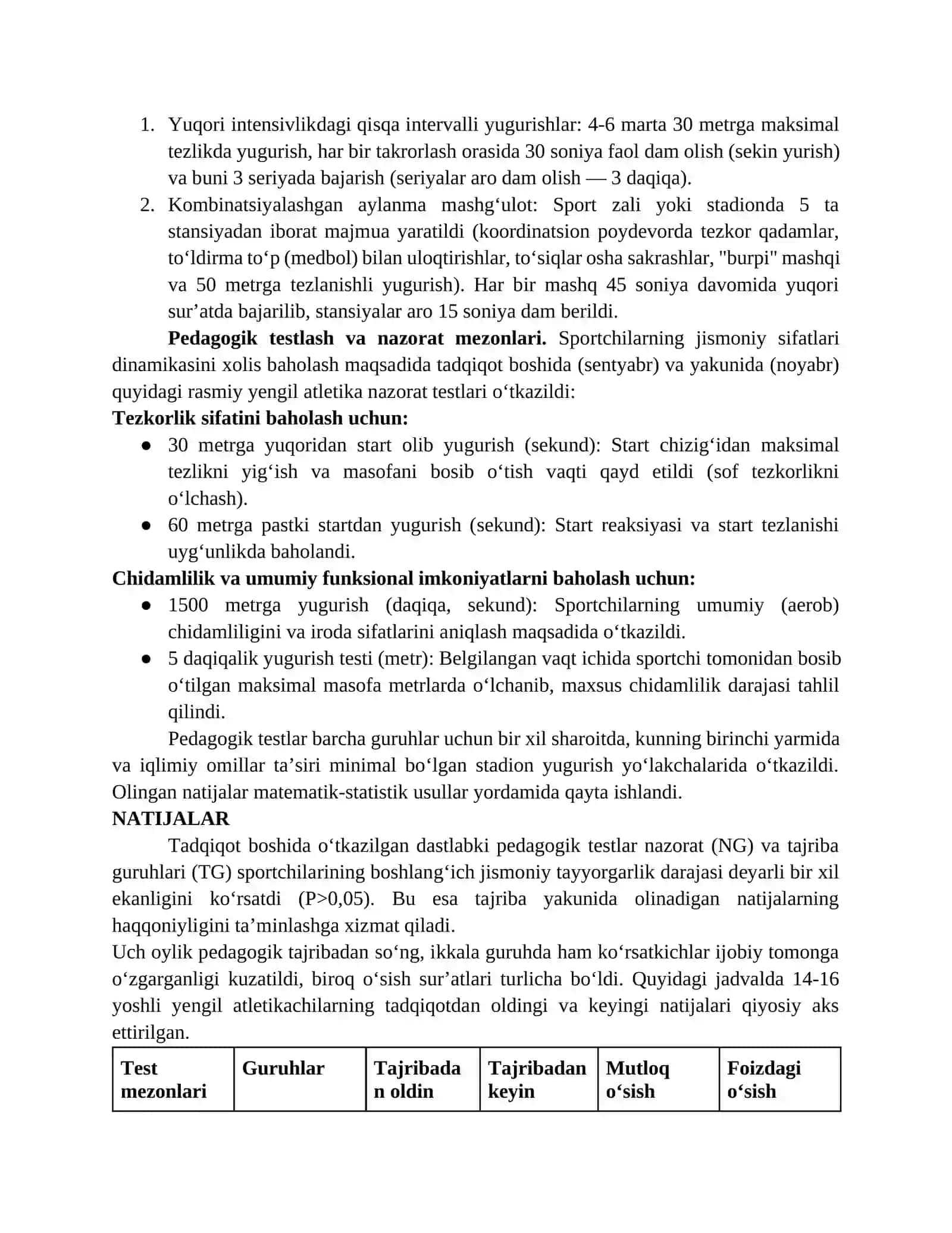 Yengil atletika mashg'ulotlarida shug'ullanuvchilarning tezkorlik va chidamlilik sifatlarini rivojlantirishning innovatsion metodikasi 4