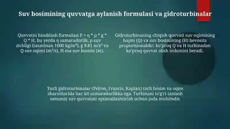 Toʻgʻonlardagi suv quvvatini hisoblash va gidroenergetika samaradorli 4