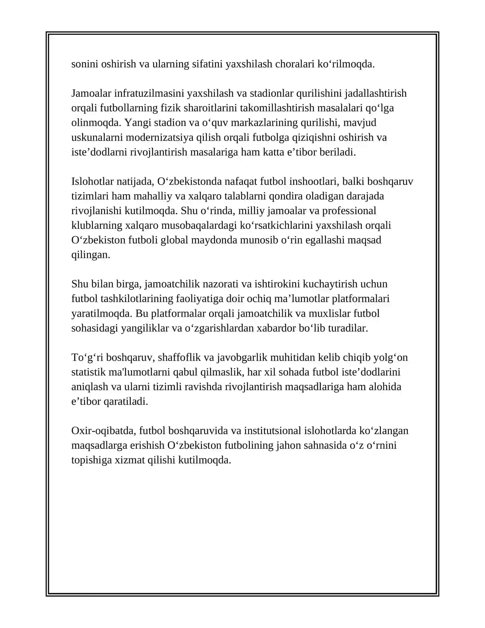 O'ZBEKISTON RESPUBLIKASIDA FUTBOLNI RIVOJLANTIRISH SOHASIDAGI ISLOHOTLAR VA NATIJALAR 4