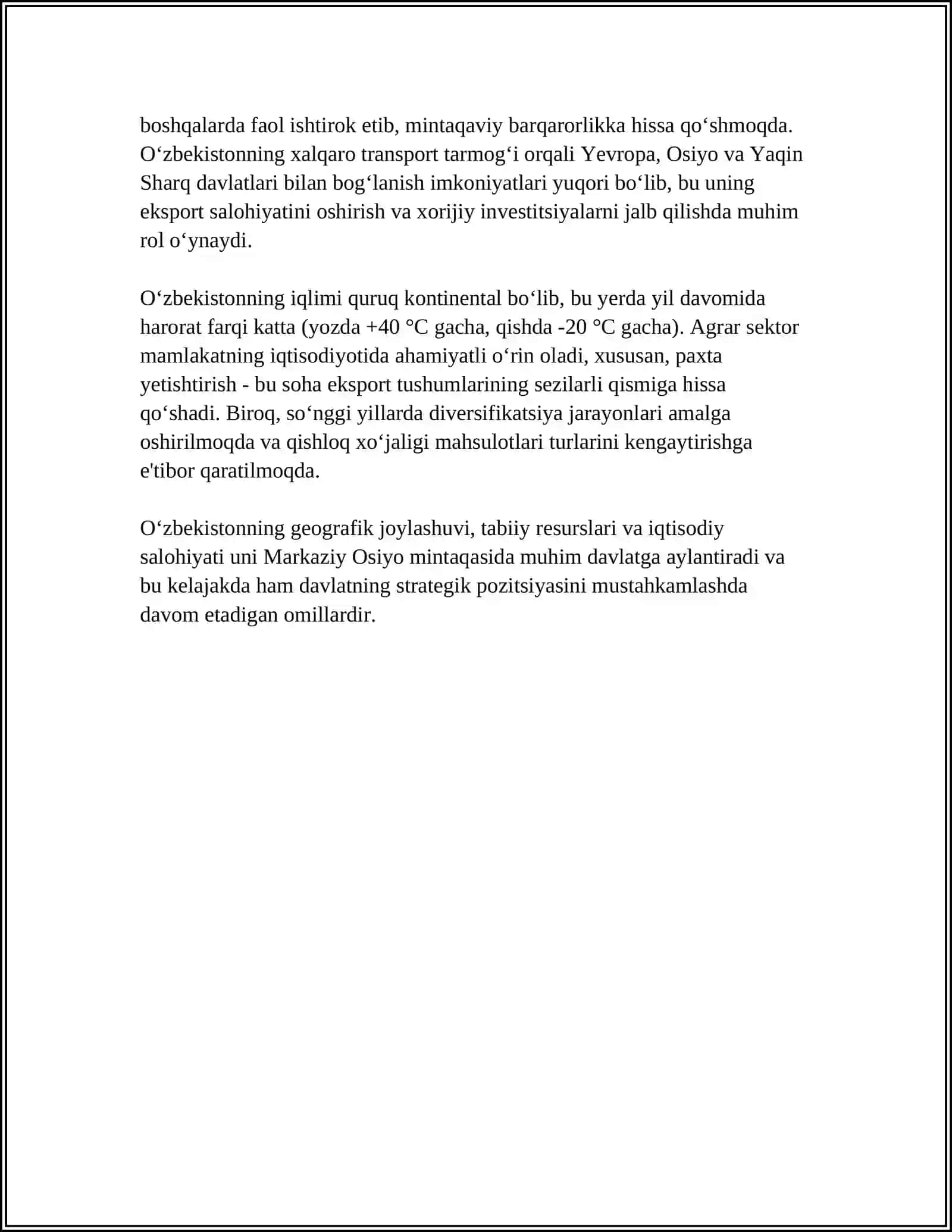 O'ZBEKISTONNING JUG'ROFIY STRATEGIK IMKONIYATLARI VA TABIIY XOMASHYO RESURESLARI UNING ARXITEKTURASI VA REKTARSION ZONALARINI SHAKILLANTIRISH.SANATORIYA KURORT ZONALARINI SHAKILLANTIRISHNING IJTIMOIY ASOSLARI 4