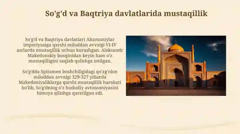Oʻzbekistonning qadimgi davrdan mustaqilikacha bo'lgan vaqtagi mustaqillik gʻoyalari 4
